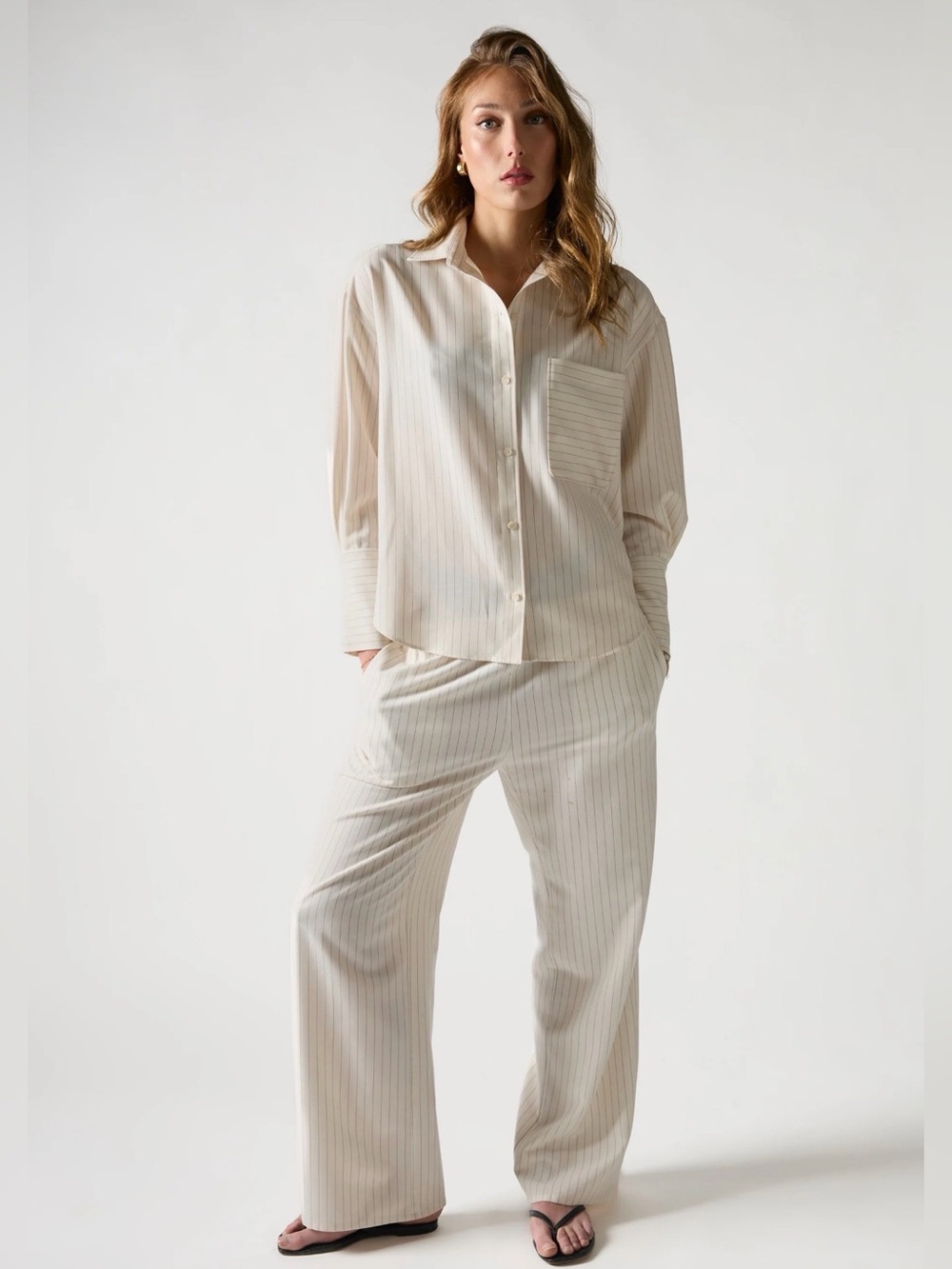 Ivory Pinstripe Button-Up Top and Wide Leg Pants Set